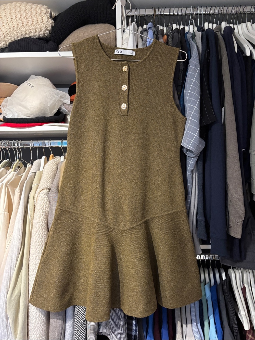 Zara Olive Brown Sleeveless Knit Flared Dress with Button Placket